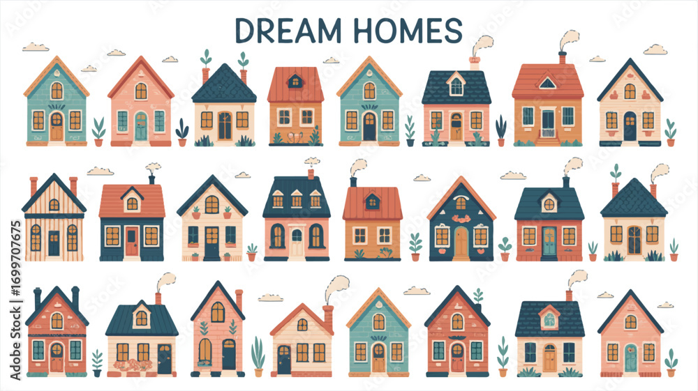 Fototapeta premium Vector art of collection of charming dream homes with unique architectural styles