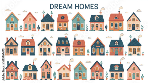 Vector art of collection of charming dream homes with unique architectural styles