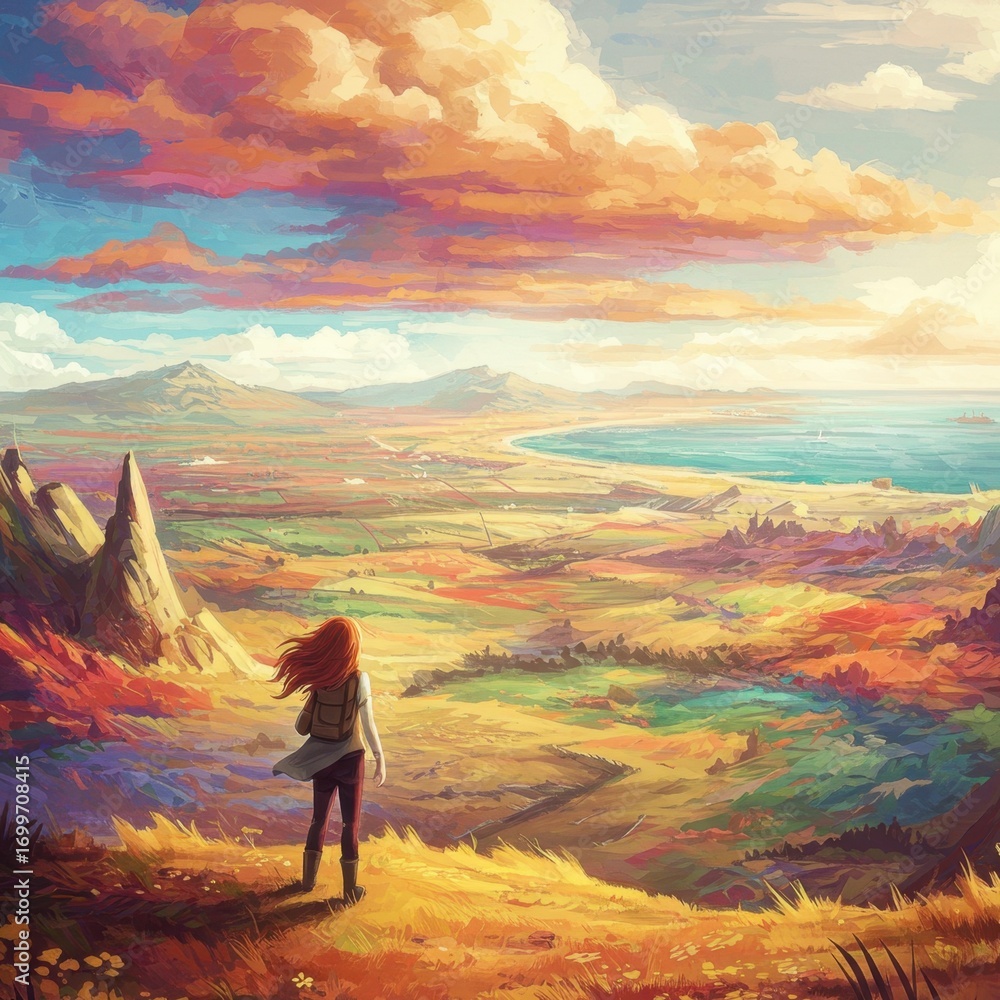 Fototapeta premium Woman with Red Hair on Hilltop Overlooking Autumn Landscape at Sunset