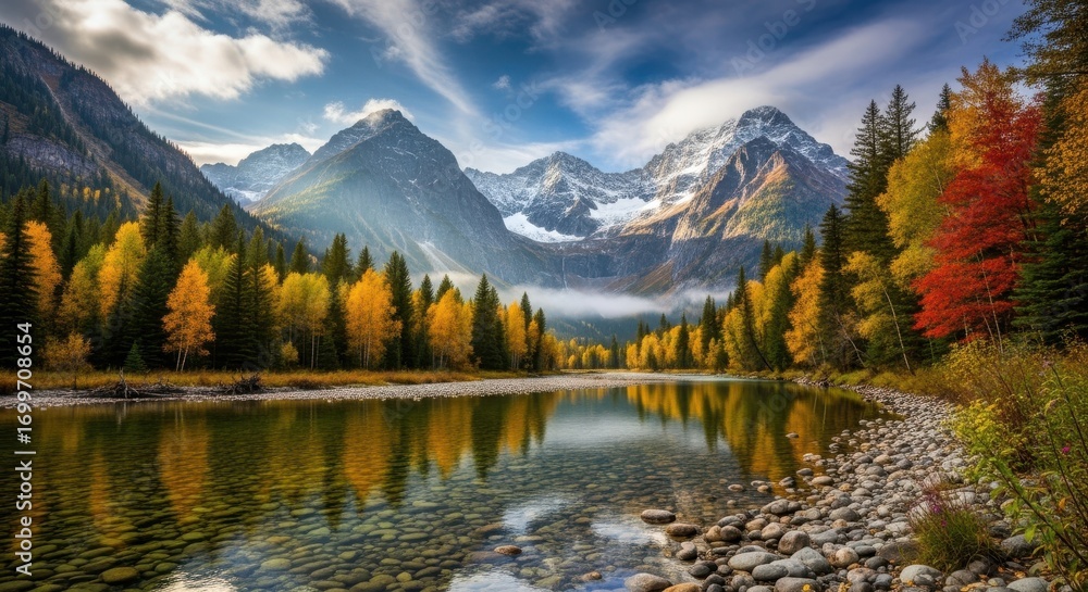 Fototapeta premium Picturesque autumn landscape with a river and mountains in the background