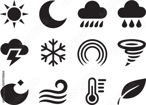 Weather icons representing sun, rain, snow, clouds, and more