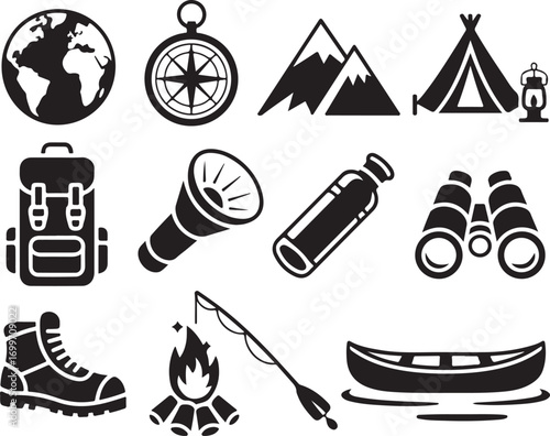 Camping and outdoor adventure icons for exploration and travel