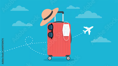 Vector art of travel suitcase with hat, sunglasses, and face mask, ready for a trip