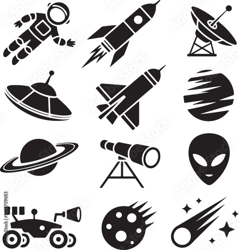 Space Exploration Icons Silhouette Collection With Astronaut And Rocket Keywords: space, astronaut