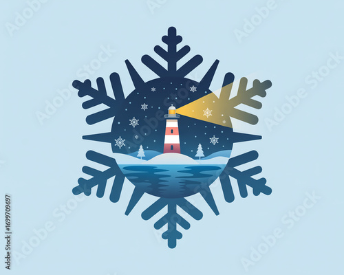 A lighthouse inside a snowflake, creating a winter scene with a nautical theme, perfect for seasonal greetings and decorations