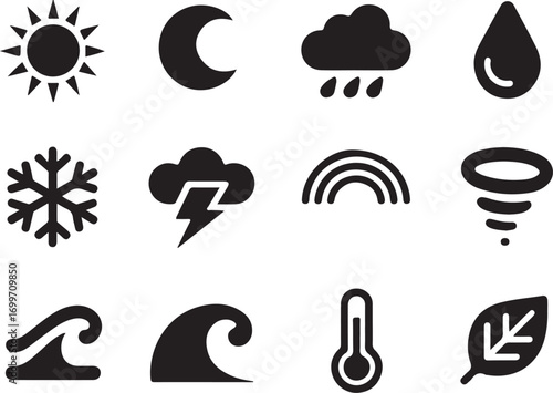 Weather icons representing sun, moon, rain, snow, and temperature