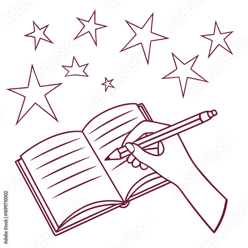 A hand holding a pencil writing in an open notebook surrounded by whimsical stars and sparkles