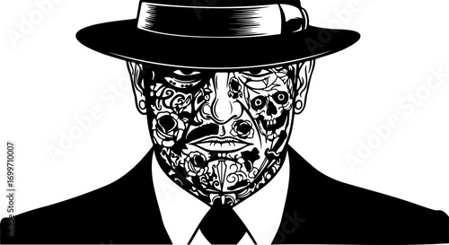 Intriguing man with a stylized, tattooed face wearing a classic fedora and suit embodies mystery and artistic expression.
