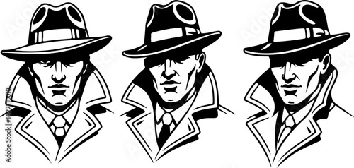 Mysterious detectives in fedoras and trench coats exuding classic noir intrigue and cinematic style perfect for storytelling