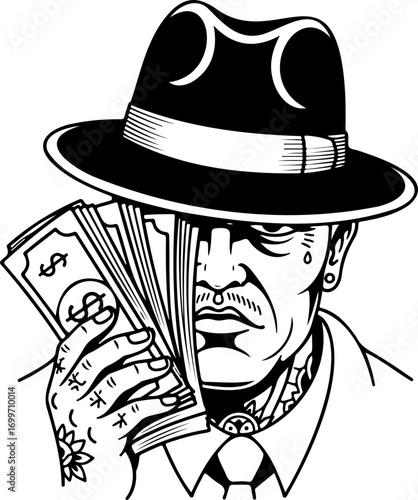 Tough gangster flaunting wad of cash bills, embodying wealth, power, and criminal enterprise with a serious, intimidating expression and fedora hat style.
