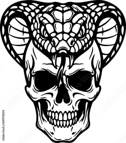Intimidating cobra coiled atop a detailed human skull, symbolizing power, danger, and mystique for bold designs and impactful branding projects.