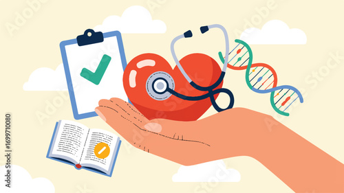 Vector art of healthcare and medical research concept with hand holding heart and dna