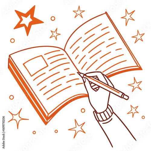 Creative writing process with a hand holding a pencil writing in an open book surrounded by stars and circles