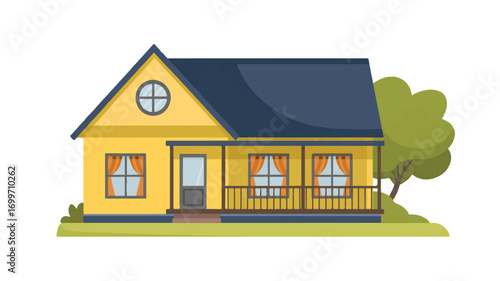Vector art of yellow house with a porch and tree