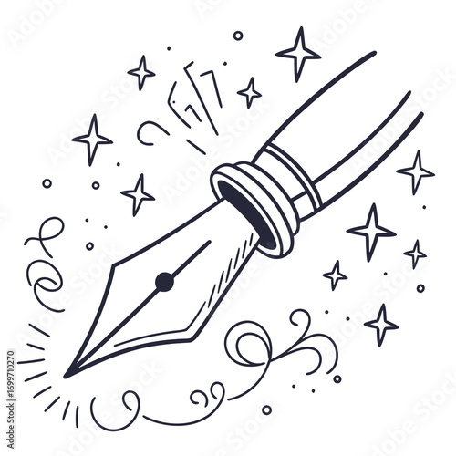 Hand drawn illustration of a fountain pen with stars and decorative swirls creating a magical writing effect
