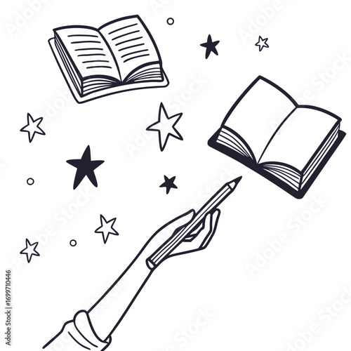 Hand holding a pencil reaching towards open books surrounded by stars and dots symbolizing imagination and creativity