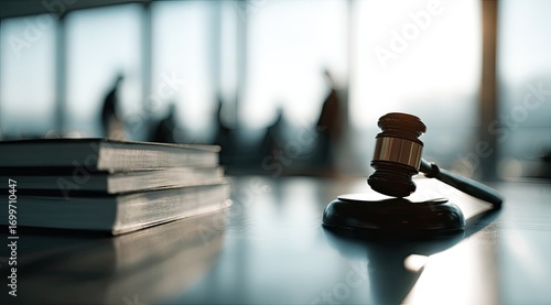 Gavel and books on a table, blurred figures in background