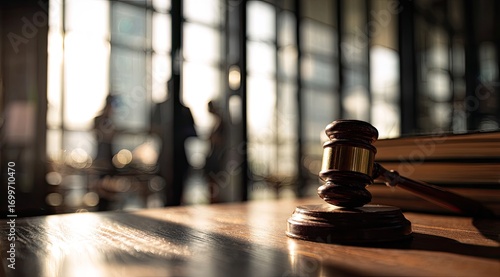 Gavel on table, blurred figures in background