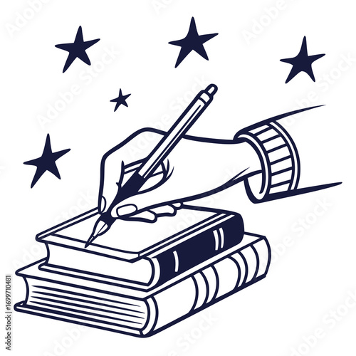Hand holding a pen writing on a stack of books with stars in the background symbolizing creativity and learning
