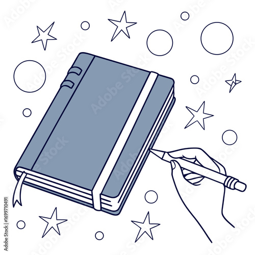 Hand holding a pencil writing in a blue notebook surrounded by stars and circles on a white background