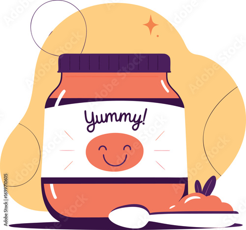 Orange jar with yummy text and smiling face food baby food