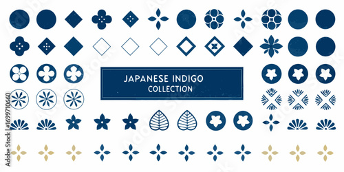 Collection of japanese indigo traditional patterns and motifs in various shapes and designs