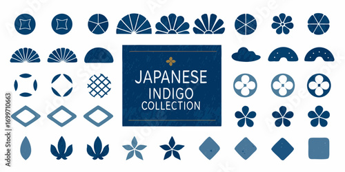 Collection of traditional japanese indigo blue geometric and floral motifs and symbols