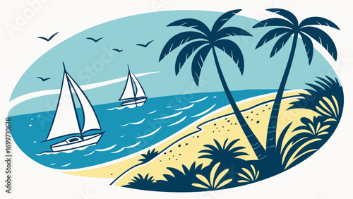 Tropical beach scene with sailboats and palm trees