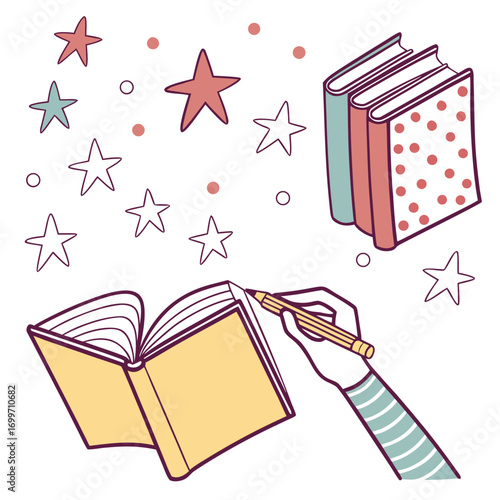 Hand writing in an open book surrounded by stars and dots with a stack of books in the background