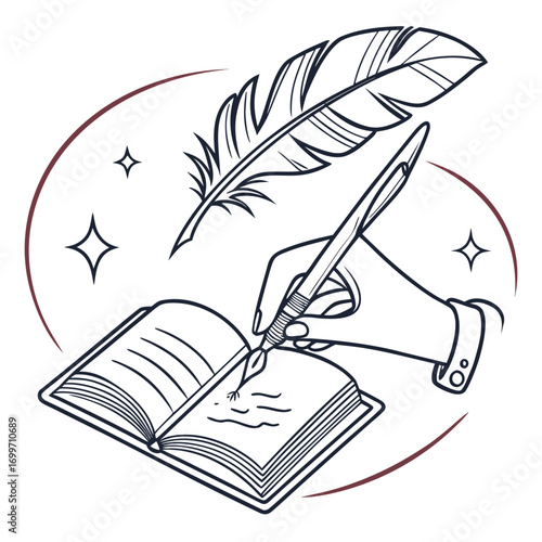 Hand writing in an open book with a quill pen and feather surrounded by decorative elements
