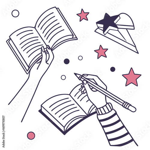 Hands holding open books and writing with a pencil surrounded by stars and dots creative concept