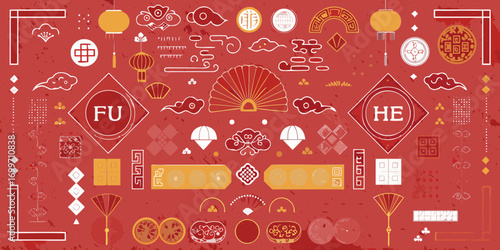 Traditional chinese new year elements and symbols in red and gold with fu and he characters