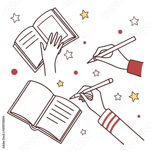 Hands writing and reading books surrounded by stars and dots symbolizing education and creativity