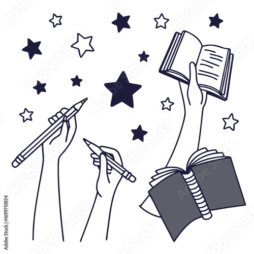Hands holding pencils and books surrounded by stars representing creativity learning and imagination