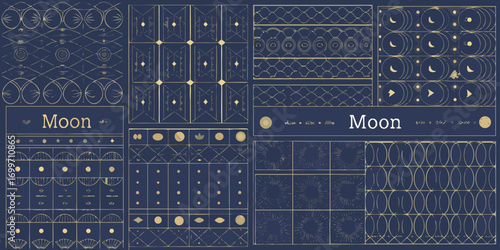 Artistic celestial pattern featuring moon phases and geometric designs in gold and deep blue