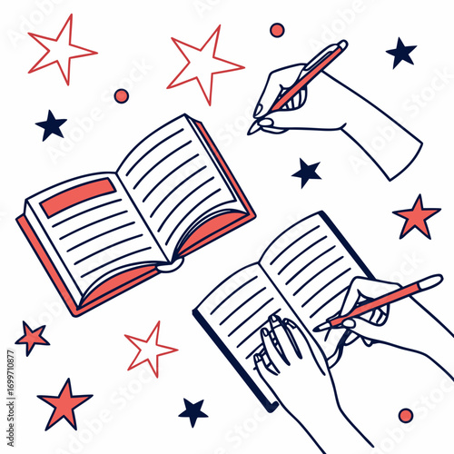 Hands writing in open books surrounded by decorative stars and circles in a simple line art style