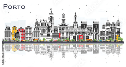 Porto Portugal City Skyline with Color Buildings Isolated on Whıte. Porto Cityscape with Landmarks. Business Travel and Tourism Concept with Historic Architecture.