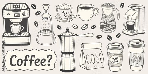 Collection of hand drawn coffee related illustrations including coffee machines cups beans and a bag of coffee