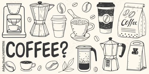 Hand drawn collection of coffee related items and ingredients with the word coffee written in bold text
