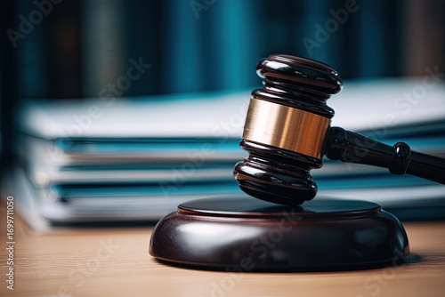 Wooden gavel rests on stand, court documents