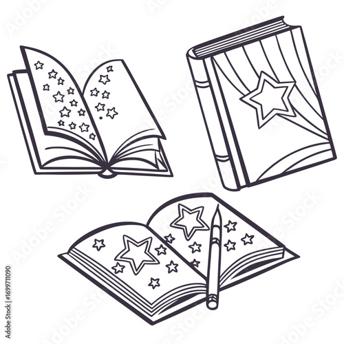Three whimsical line art drawings of open and closed books adorned with stars and a pencil