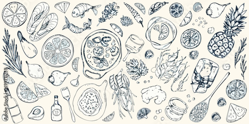 Hand drawn sketch of various food and drinks including pizza wine cheese fruit and cocktails on a light background