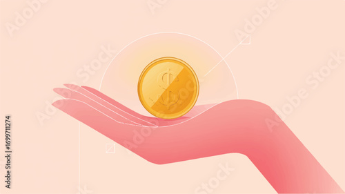 Vector art of hand holding a golden coin with dollar sign