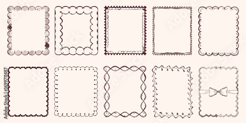 Collection of ten hand drawn decorative square frames with unique borders and scalloped edges