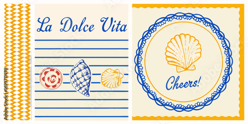 La dolce vita and cheers text with seashells and nautical stripes in a playful summer design