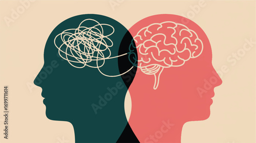 Illustration of two heads facing each other, one with tangled thoughts