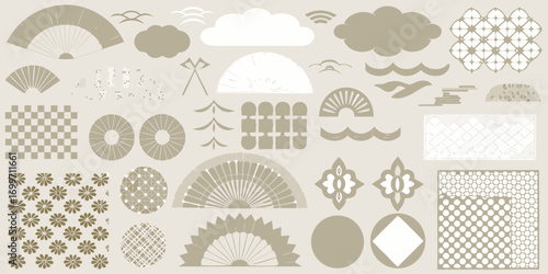 Collection of japanese inspired graphic elements and patterns in neutral tones