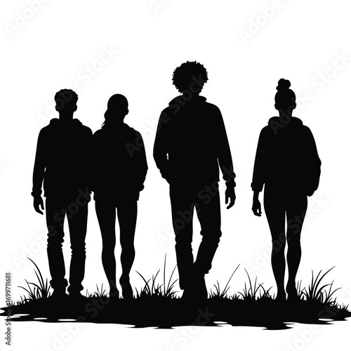 Four young people standing in silhouette group adults