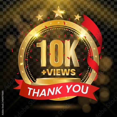 10k Views Logotype with Gold and red Confetti Isolated on Black Background, Vector design for video display celebration.