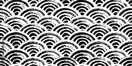 Abstract black and white japanese wave pattern with a textured brush stroke effect